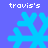 Four identical pixelated blue snowflakes on a solid purple background, each labeled with white text reading "travis's" above and below.