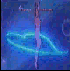 Animated sequence of a figure with glowing blue trails forming shapes against shifting purple and pink backgrounds.