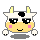 Pixel art cow head with yellow horns, black spot on white forehead, pink cheeks, and yellow lower face, shown in four expressions with arms and shadows.