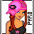 Pixel art contact sheet of a female character in pink and black attire with text phrases across frames showing full body, torso, legs, head, and text elements.