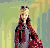 A 2x2 contact sheet of a pixelated animated icon featuring a blonde woman in a red jacket with pink text reading "im a barbie girl!!" and heart symbols, displayed on a gray background.