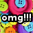Pixelated image of colorful buttons with overlaid text reading "omg!!! buttons" in white block letters on black background.