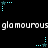 Pixelated blue star icons with dotted trails animate against a black background, repeating the word 'glamourous' in white text across two horizontal bands.