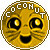 Animated circular icon with golden-yellow face, black eyes with yellow highlights, and open mouth; text "COCONUT" in white pixelated letters around top edge.