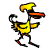 Pixelated yellow bird-like creature with orange beak, black limbs, and curled tail standing against white background.