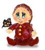 A doll in a red outfit with yellow buttons sits with a butterfly, showing variations in pose, expression, and butterfly position across frames.