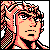 Pixel art portrait of a character with spiky hair and sunglasses in red/orange tones on black background, static single-frame image.