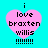 Four identical pink heart-shaped icons with black text on a cyan background, each displaying 'i love braxten willis' and six exclamation marks.