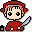 Pixel art character with red headband and brown hair, wearing red top, holding sword-like object against gray background.