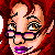 Pixelated profile of a figure with red hair, purple eyeglasses, and pink lips against a dark red background.