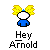 Pixelated character with yellow pigtails, white face, blue shirt; text below reads 'Hey Arnold' in pixel font.