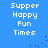 Blue background with white pixelated text reading "Supper Happy Fun Times" in two vertical , each containing four lines of text, with scattered blue pixel dots