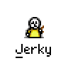 Animated contact sheet of a pixel art buddy icon showing multiple frames with slight variations in pose and text labels, featuring a yellow stick figure character against a gray background.
