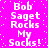 Pixelated text on bright pink background with scattered white dots, repeating 'Bob Saget Rocks My Socks!' in four identical vertical sections.