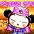 Pixelated cartoon character with closed eyes, pink bow, and blue outfit against warm gradient background.