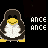 Pixelated penguin with yellow beak and feet, white belly, dark brown body, smiling expression, positioned next to pixelated text on black background.