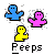 Three pixelated ghost-like figures in blue, pink, and yellow with black outlines on a gray background, below which is the text 'PeePs' in blocky white letters.