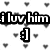Black-and-white pixelated image with text fragments and emoticons on a heart-patterned background, featuring 'i luv him :]', 'but...', 'does he feel', 'that way about me?', and two emoticons.