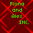 Red background with red diamond lattice pattern; green text "Fiona and Alex INC." in four identical quadrants.