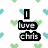 Pixelated heart pattern background with black text reading "I love chris" in stacked blocks over a gray rectangle.