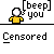 Pixelated character in yellow shirt with white head, showing multiple poses including speech bubble reading 'beep you' and raised arms, on gray background.
