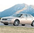 A light-colored sedan with a blue roof is positioned on a grassy field under a partly cloudy sky.