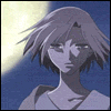 Anime-style character with short gray hair and blue eyes, wearing a light-colored shirt against a blue background with a bright circular light source.