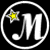 Four circular icons with white 'M' letters and musical notes, each featuring a colored star above the letter on black background.