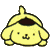 Yellow cartoon dog with dark brown top of head, small black eyes and nose, light yellow body, lying down on gray background.