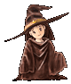 Two side-by-side animated frames of a cartoon witch character in brown robes and hat with yellow band, standing against gray background.