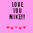 Pixelated text 'LOVE YOU MIKE!!!' in black on pink background with five red hearts below, two variations of heart positions.
