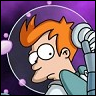 Cartoon character with orange spiky hair and glasses, wearing a white shirt and teal jacket, holding a silver microphone against a purple background with pink dots.