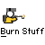 Animated contact sheet showing 12 sequential frames of a pixel art character burning objects with a flamethrower, each frame labeled "Burn Stuff" below the animation sequence.