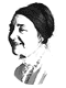 Black-and-white pixelated portrait of a person in profile view with dark hair, mustache, and striped garment against white background.