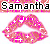 Pixelated lips with pink and white sparkles, text "Samantha" above in black block letters on a pink background.
