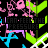 A repeating pattern of stylized chevron shapes in neon green, pink, and cyan with overlapping text fragments reading "CAN FEEL THE PRESSURE" on a black background.