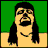 Pixelated image of a person with long dark hair and a beard against a green background, next to a blue with white text reading "MULLETS ROCK!" and star patterns