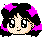 Pixelated character with black hair, pink star-shaped accessories, and a green background showing multiple facial expressions.