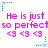 Pixelated text and symbols repeat across a white background with blue star accents, featuring pink 'He is just so perfect' phrases and '<3 <3 <3' sequences.