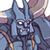 Pixelated static icon of a blue-skinned character with sharp facial features, wearing a tall pointed helmet and holding two staffs with yellow tips against a white background.