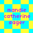 Pixelated text 'mandie catherine sager' on alternating blue and yellow background with two distinct patterned sections.