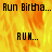 Animated icon with fiery orange-yellow background displaying 'Run Birha...' text at top and 'RUM...' below, transitioning to a solid gray lower-right section.