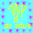 Yellow pixelated text on cyan background with pink starburst patterns, repeated in a