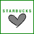 Green pixelated text spelling 'STARBUCKS' above a gray broken heart icon with black outline, all on white background framed by green border.