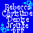 Blue background with white pixelated text reading "Rebecca Christie Deppie Jralie tff" and cyan square-dot symbols in four quadrants.