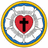 A circular icon with a red heart containing a black cross, surrounded by concentric rings of yellow and blue on white background.