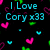 Black background with scattered pink, green, and cyan heart shapes; blue text reads "I Love Cory x33" at top left.
