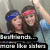Two people with long brown hair pose closely together; one wears a blue headband, the other a red headband, with text below reading "just under the skin".