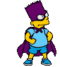 A cartoon character with yellow skin, purple hair, and a blue outfit stands against gray background in multiple poses.