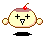 Pixelated character with cherry-topped dessert head, closed eyes in first , open eyes in second , black shadow below